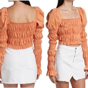 Caroline Constas Delilah Salmon Puff Sleeve Crop‎ Smocked Shirt Top Size X-Small